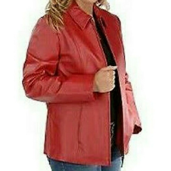 Dialogue Jackets & Blazers - Dialogue Red Leather Moto Style Jacket